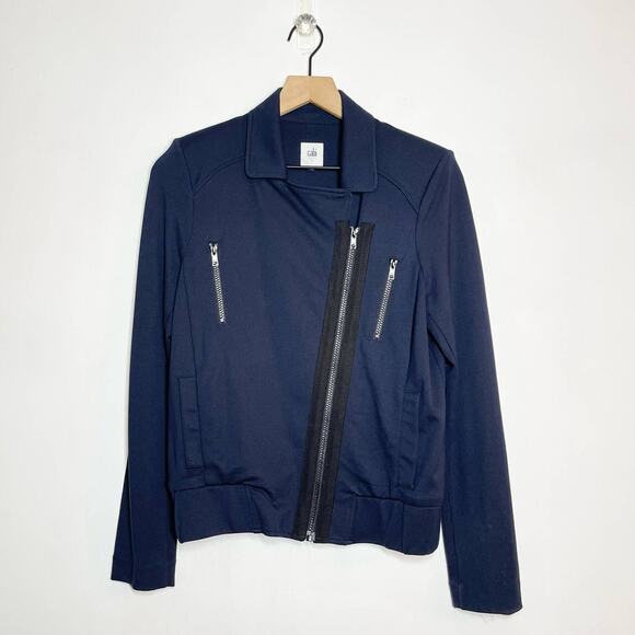 CAbi Moto Chance Jacket Women's Size Small Navy Blue Asymmetrical Zipper - Picture 2 of 8